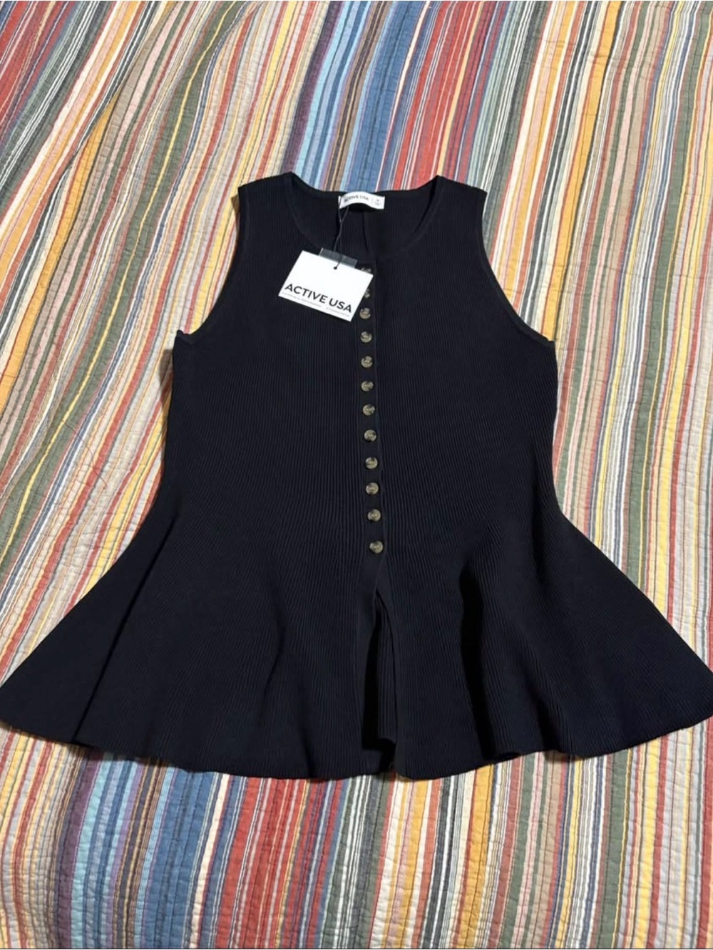 Active USA Black Ribbed Button-Front Tank - Picture 2 of 4